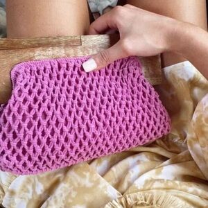 A New Day Pink Macramé Knit Clutch Bag with Wooden Handle